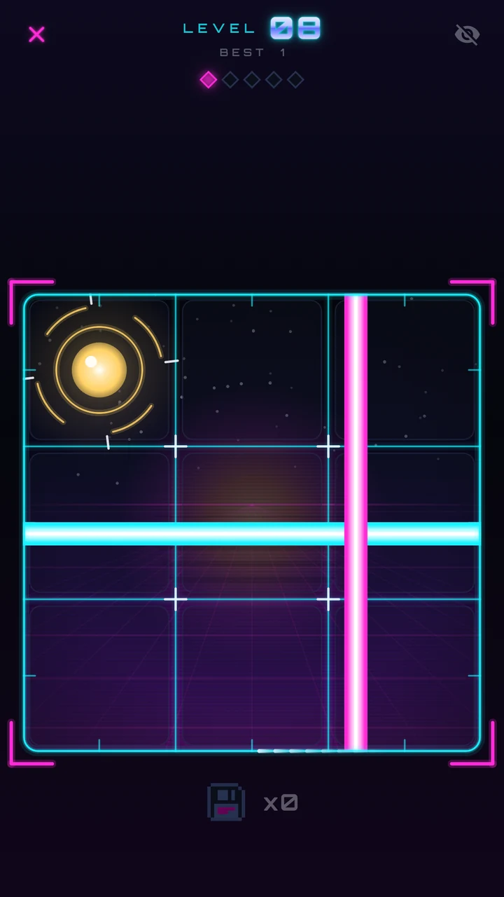 Handai level 8: a 3×3 grid with two lasers and a glowing dot in the top-left box