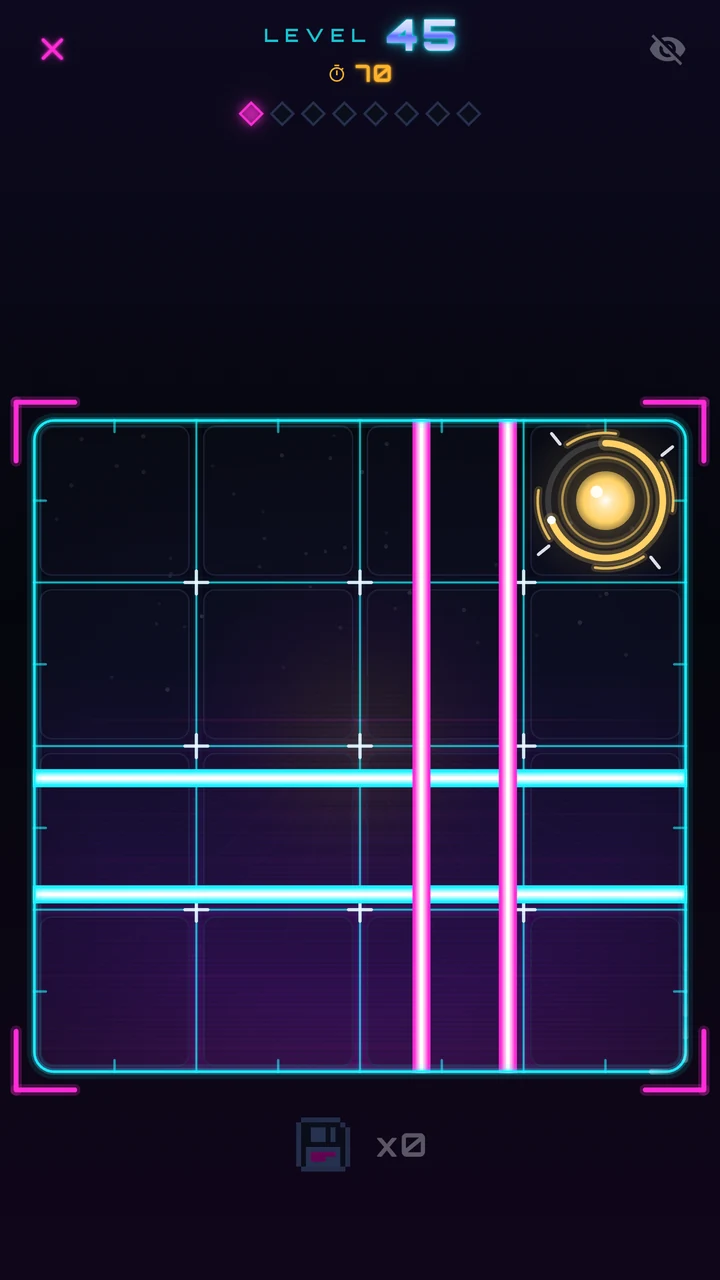 Handai level 45: a 4×4 grid with four lasers, a level clock and timed dots