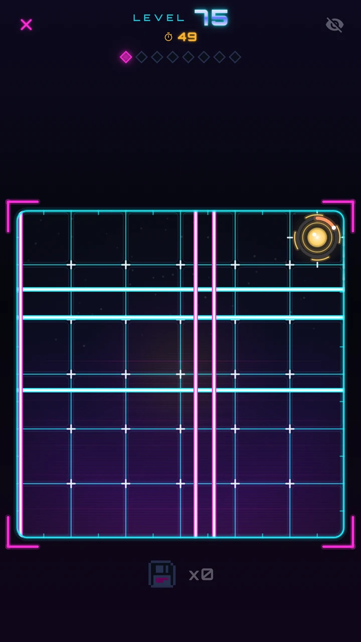 Handai level 75: six lasers sweeping across a 6×6 grid with a glowing dot in one box