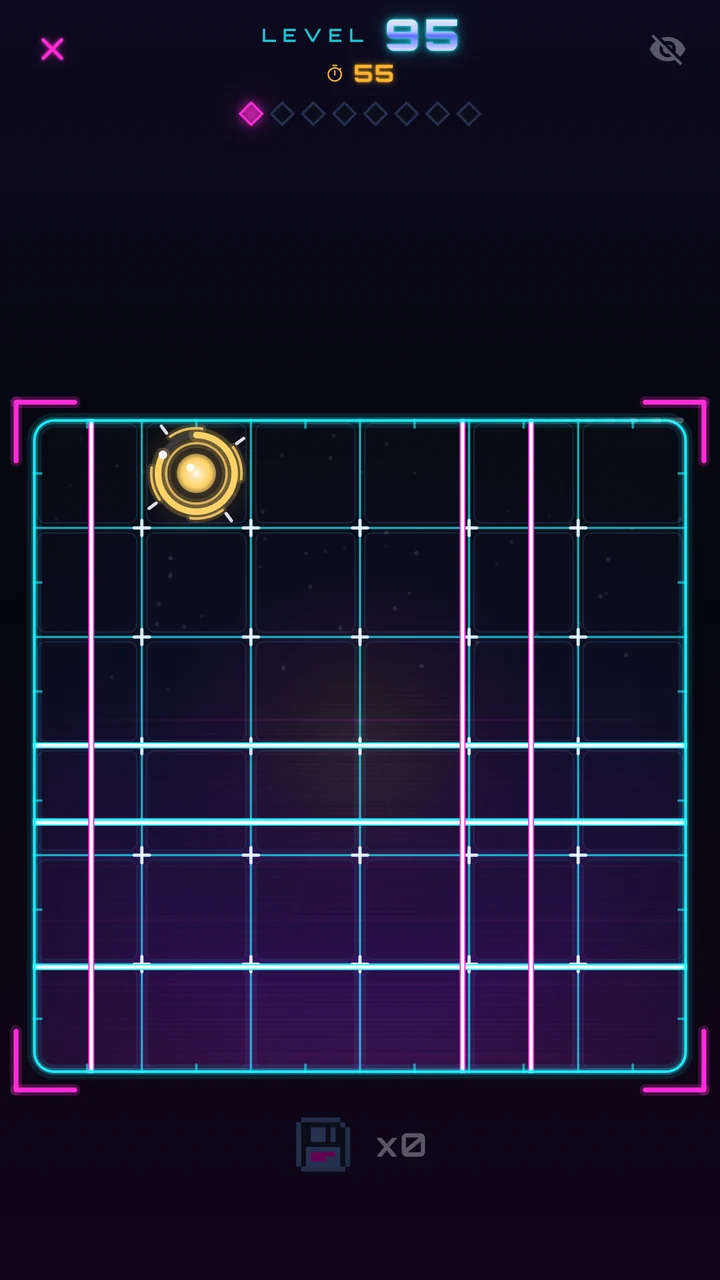 Handai level 95: a 6×6 grid with seven hairline lasers and a vanishing dot