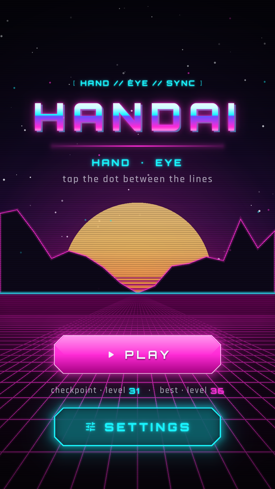 Handai title screen: chrome HANDAI logo over a striped sun and a magenta grid